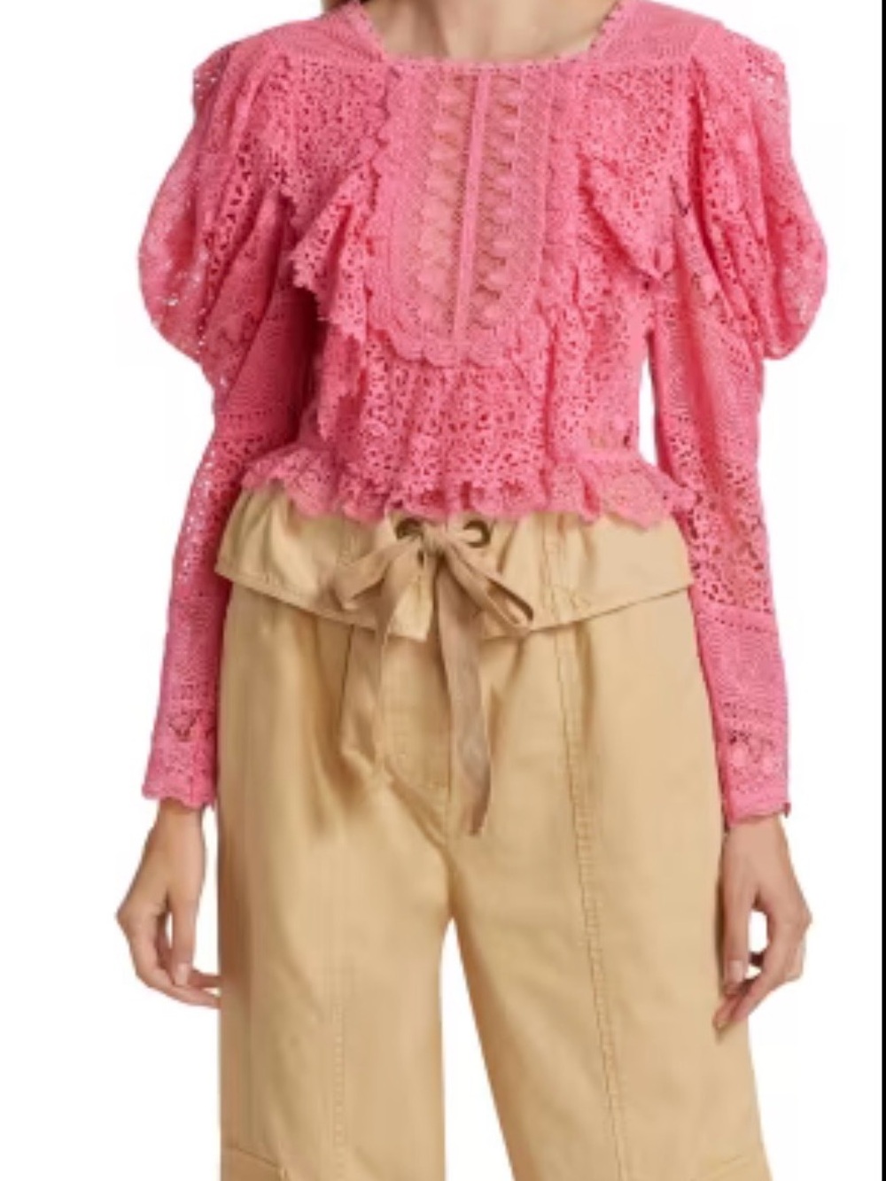 Ulla Johnson Pink Crochet Puff-Sleeve Blouse